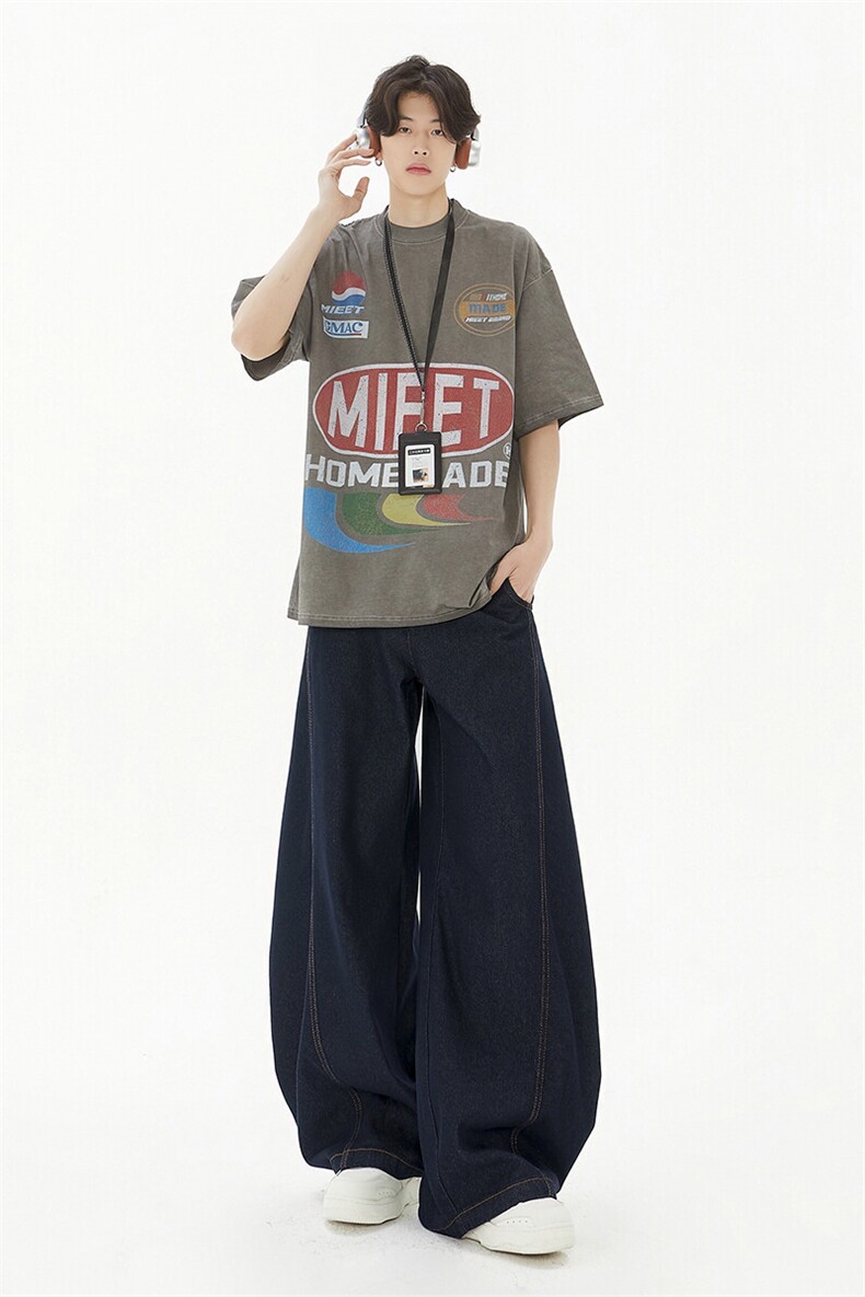 美式复古阔腿弯刀裤男春季潮牌宽松休闲明线廓形牛仔裤YD9006-P60,男装牛仔裤,星座509