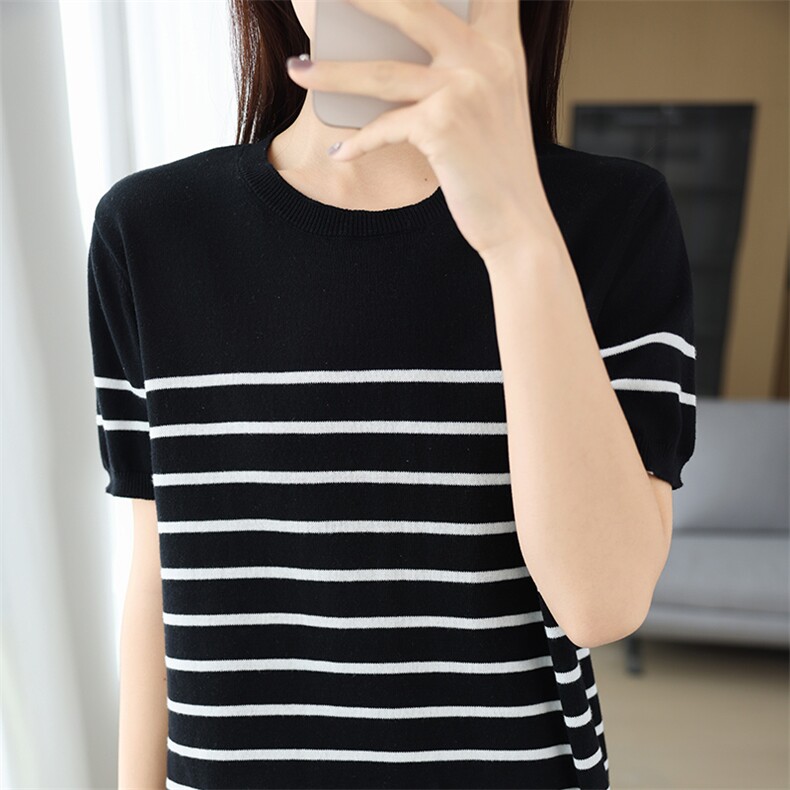 时尚简约百搭舒适纯棉黑白间色条纹短袖，女装T恤，玛莎羊绒