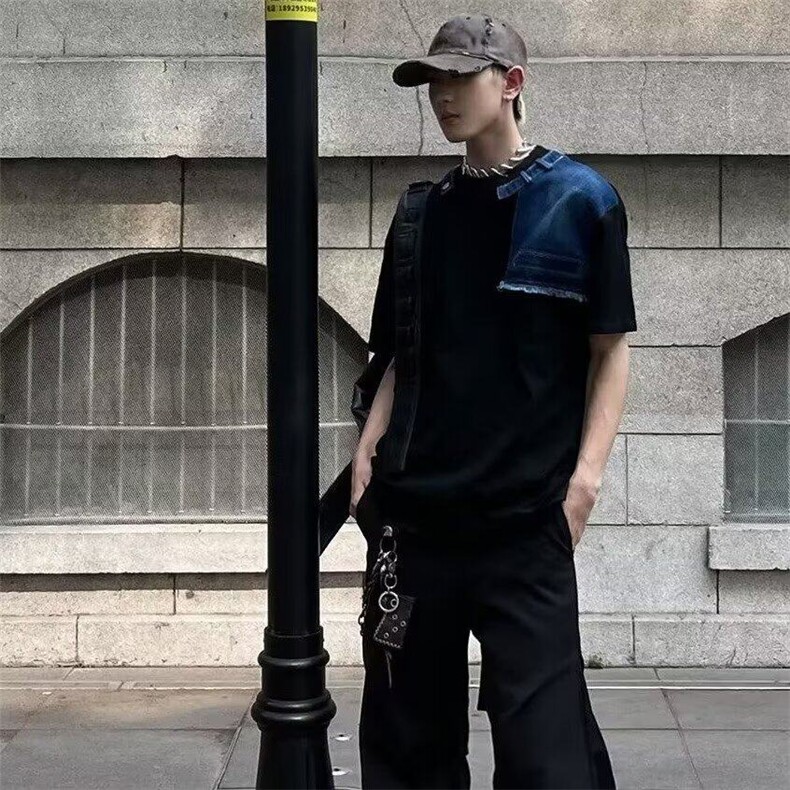 夏季潮牌个性牛仔拼接短袖设计感宽松半袖T恤-T39-网络图,男装T恤,星座1002-2