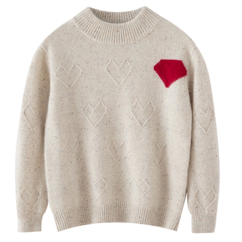 2025年新款百搭撞色爱心提花半高领长袖羊绒衫，童装儿童羊绒衫，阿古朵