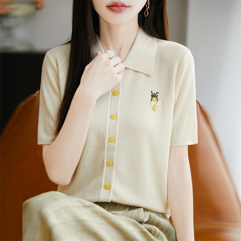 天丝翻领蜜蜂短袖,女装T恤,暖娇绒包芯纱店