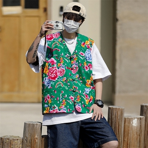 MJ03大花休闲男士风盘扣马甲大码花坎肩团队服喜庆婚礼服潮男图片