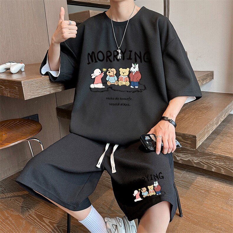 华夫格短袖t恤男夏季冰丝薄款运动套装男生夏装一套搭配帅气衣服,男装T恤,星座1904A-1