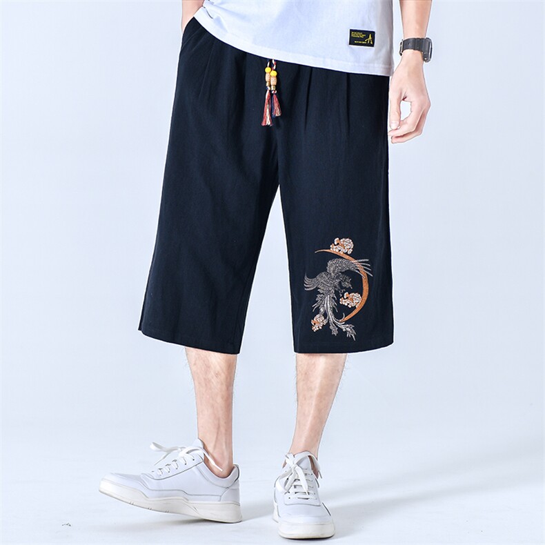 夏季男士休闲裤七分短裤棉麻刺绣直筒中裤潮流男装A266-1-K09-P50图片