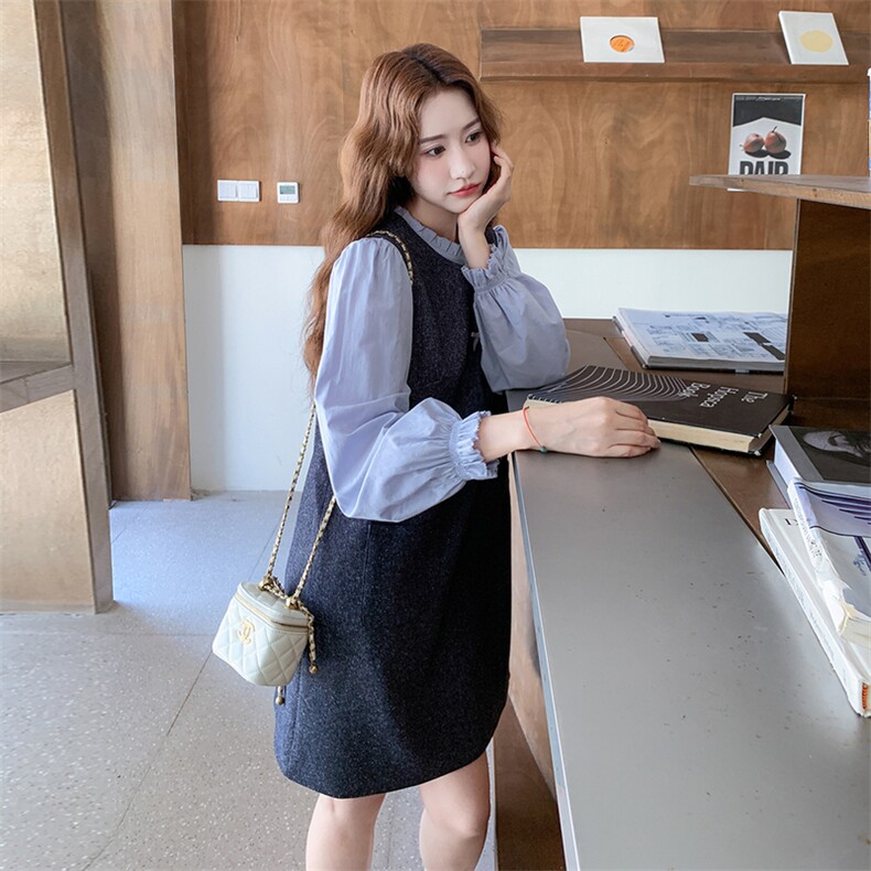 灰色法式小香风背心连衣裙套装女2025秋小个子减龄休闲衬衫两件套,女装套装/套裙,2C176