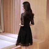 优雅蕾丝连衣裙女夏季新款修身显瘦气质淑女半袖A字裙，女装连衣裙，贵人树