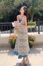 森系针织钩花罩衫叠穿连衣裙女2025新款夏季法式复古吊带裙，女装连衣裙，2C087