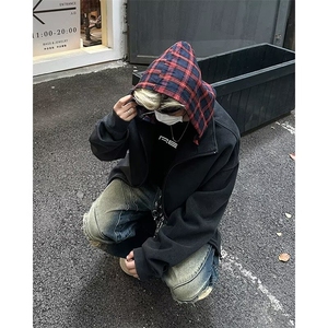 秋季潮牌纯色开衫连帽卫衣男外套韩版潮流百搭休闲港风拉链上衣服图片