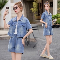 欧货牛仔套装2025夏季新款时尚宽松好穿短袖上衣短裤两件套潮款女，女装套装/套裙，意芙