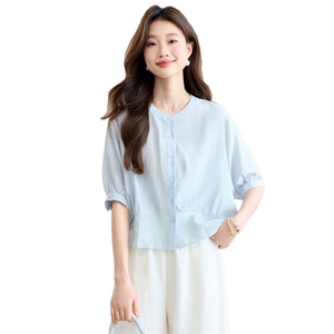 时尚休闲套装女2025夏新款宽松减龄薄款圆领衬衫上衣阔腿裤两件套图片