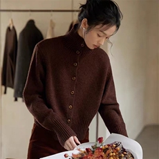 100%纯羊毛衫开衫女秋冬新款高领加厚排扣针织外套宽松羊绒衫上衣，女装羊毛衫，泰沅羊绒