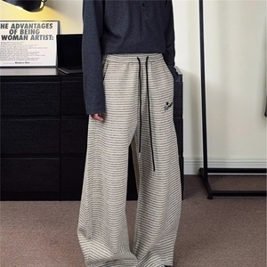 阔腿裤女春秋2025新款垂感宽松bf慵懒黑白斜条纹休闲直筒运动裤潮图片