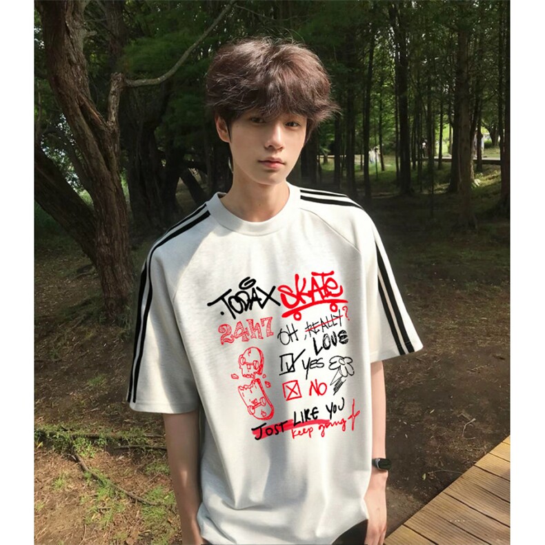 抖音得物高品质二开240克宽松纯棉美式潮牌三条杠织带短袖T恤图片