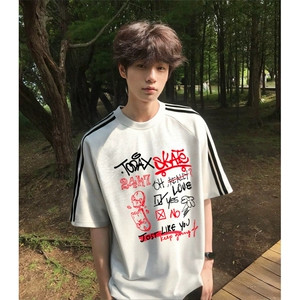 抖音得物高品质二开240克宽松纯棉美式潮牌三条杠织带短袖T恤图片