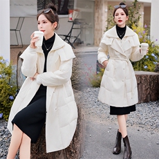 羽绒服女中长款过膝2024年新款冬季宽松收腰系腰带显瘦90白鸭绒，女装羽绒服，韩宇舍