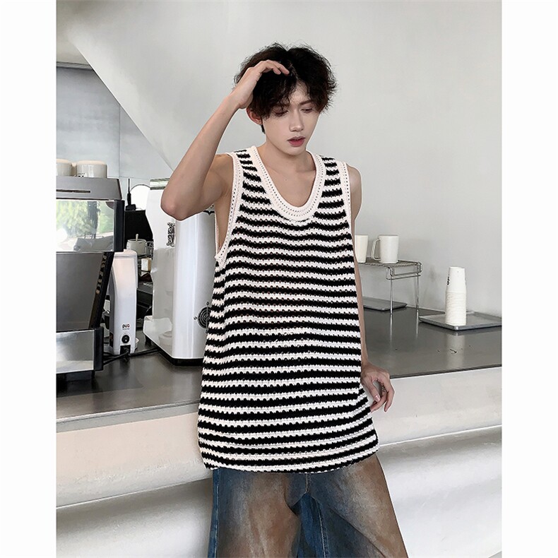 夏季复古镂空潮牌上衣2024新款条纹针织无袖背心男现货T1737-P30，男装背心/马甲，星座512-4