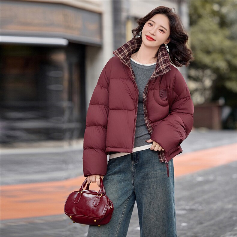 时尚格子拼接立领短款羽绒服女2025冬季新款洋气小个子白鸭绒外套,女装羽绒服,涵墨