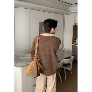 重磅北极绒假两件衬衫领毛衣美式高街复古休闲慵懒纯色翻领针织衫图片
