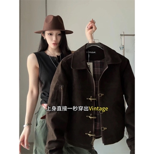 网图有货 解构拼接飞机扣短款夹克男女复古做旧麂皮外套 A897-P90图片