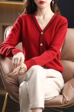 100%纯羊毛衫开衫女V领2022秋冬新款撞色v领针织羊绒开衫毛衣内搭，女装羊毛衫，琳尚羊绒