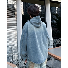 春秋季新款水洗连帽牛仔夹克外套高级感宽松休闲时尚衬衫，男装夹克，星座410-7