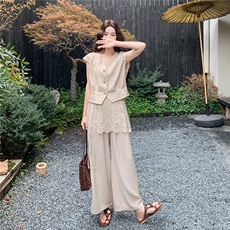 2026夏季新款轻熟老钱风V领马甲蕾丝拼接阔腿裤两件套套装，女装套装/套裙，流量+