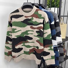 重工复古拼色波浪纹手工粗棒针圆领针织开衫外套毛衣上衣加厚，男装针织衫/毛衣，星座506A