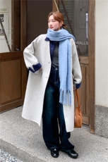 韩系假两件翻领撞色拼接双面呢羊毛大衣女秋冬2025新款高级感外套，女装毛呢外套，2B156