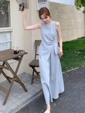 夏日绝美蓝色无袖上衣半身裙套装女夏季两件套高级感赫本风超火，女装套装/套裙，蝶眷