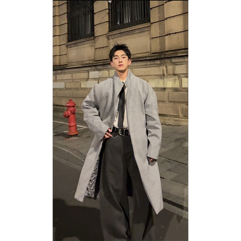 立领长款毛呢大衣男休闲宽松羊绒呢子外套加棉风衣男-1177-特95,男装风衣,电商B289