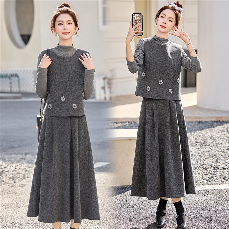 DLM2026春装新款毛呢马甲A版立体定花朵半身裙三件套装洋气套裙,女装套装/套裙,朵莱米