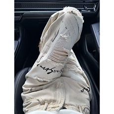 美式复古卡其色涂鸦破洞牛仔裤女夏季新款高腰宽松显瘦拖地长裤潮，男装牛仔裤，星座506A