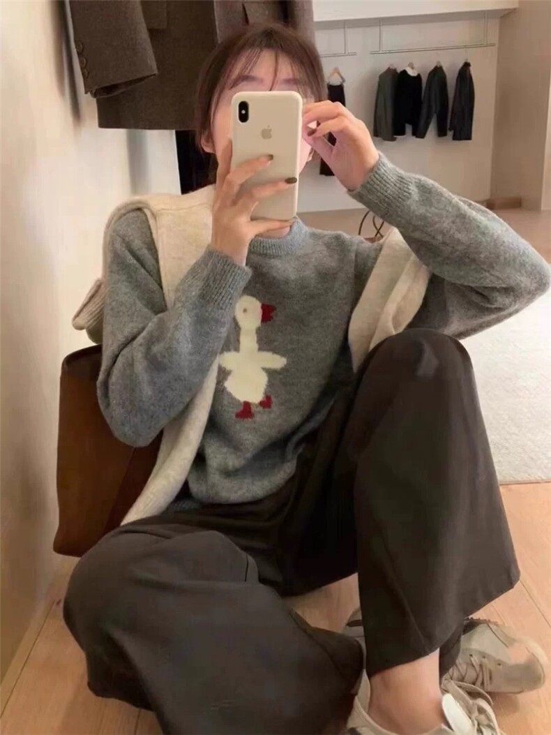 可爱小鸭子图案宽松显瘦仿羊毛针织衫,针织衫/毛衣,雪真羊绒