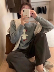 可爱小鸭子图案宽松显瘦仿羊毛针织衫，女装针织衫/毛衣，雪真羊绒