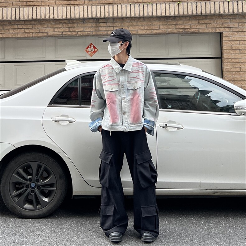 美式复古高街扎染牛仔外套男款高级感水洗工装夹克潮牌翻领机车服,男装工装外套,星座302B