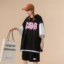 中性夏季青春时尚短袖运动风假两件连帽T恤套装TZ702P85控108，男装休闲套装，A247A