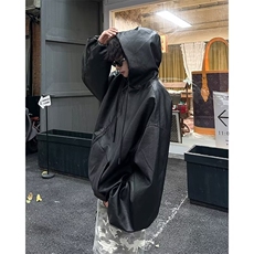 街客美式廓形连帽皮衣外套男冬百搭夹克cleanfit机车服W6223-P75，男装皮衣，星座412-3