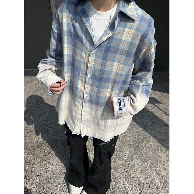 港风大码日系复古渐变刺绣翻领格子长袖衬衫XZ213-CS8811-P60控78图片