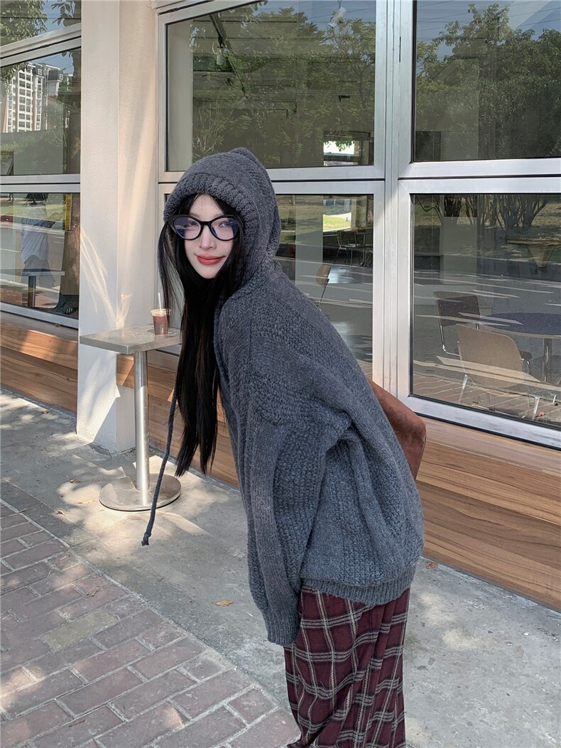 长袖上衣针织衫女设计感连帽提花打底衫女秋冬保暖毛衣,商品下架区,网红馆