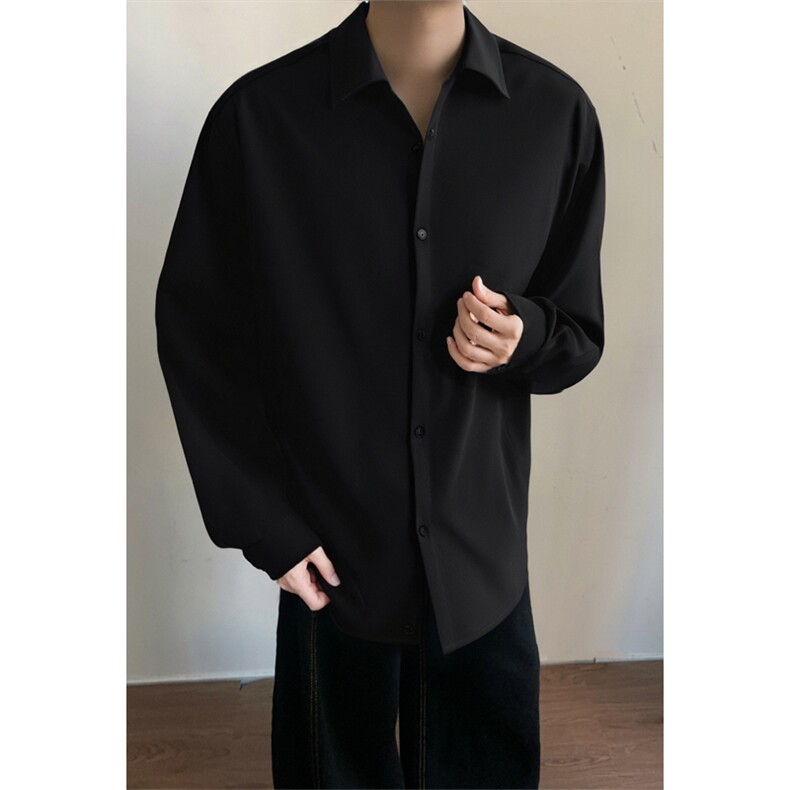黑色休闲衬衫男生秋季纯色简约翻领衬衣慵懒风宽松大码长袖上衣服，男装衬衫，电商A022