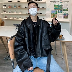 美式复古棕色短款皮衣外套男春秋季高级感痞帅设计感小众机车夹克，男装夹克，星座601-1