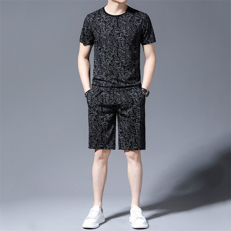 夏季男式短袖短裤透气两件套运动休闲圆领修身t恤套装，男装休闲套装，电商B360
