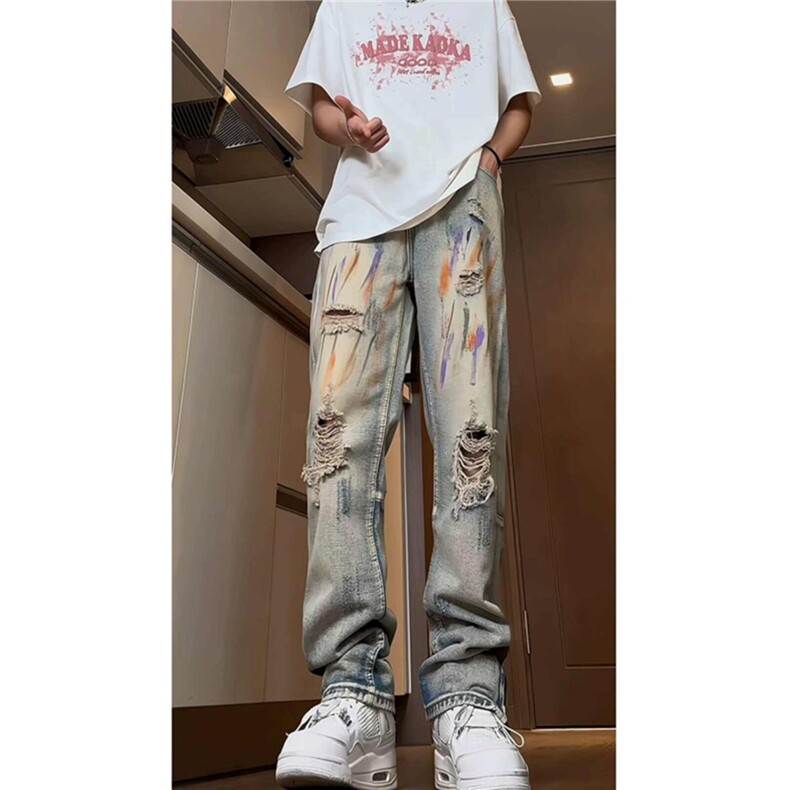 美式高街vibe破洞牛仔裤男水洗做旧拉链开叉微喇宽松直筒裤XGG32,男装牛仔裤,星座208-5