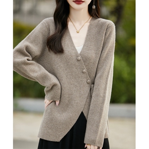 交叉V领100%羊毛开衫女长袖针织外套毛衣宽松羊绒衫系带外搭上衣,女装羊毛衫,忠诺羊绒