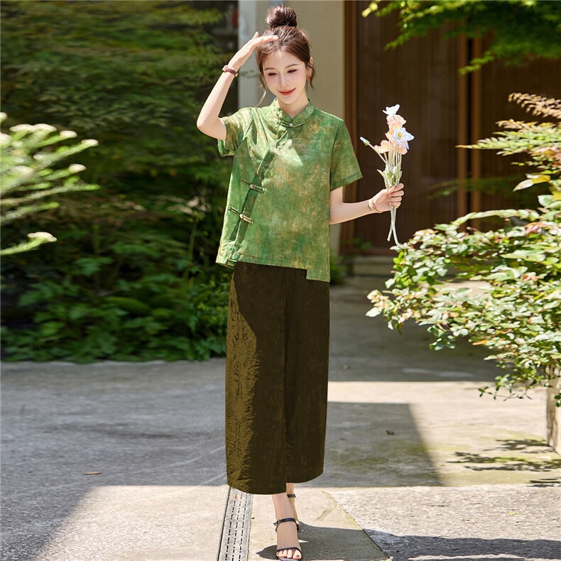 长期有货2026夏装新款时尚两件套装女提花新中式衬衫T阔腿腿裤女,女装套装/套裙,璐依舞