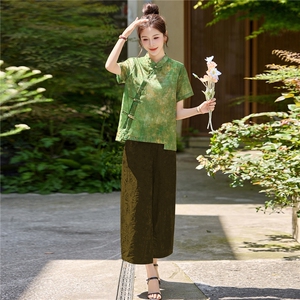 长期有货2026夏装新款时尚两件套装女提花新中式衬衫T阔腿腿裤女图片