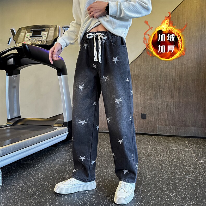 冬季加绒牛仔裤 男士印花直筒裤加绒牛仔裤弯刀裤潮901N41加绒P68图片