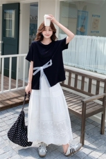 韩系穿搭一整套女2025夏季新款时尚气质蝴蝶结短袖上衣半身裙套装，女装半身裙，2D014