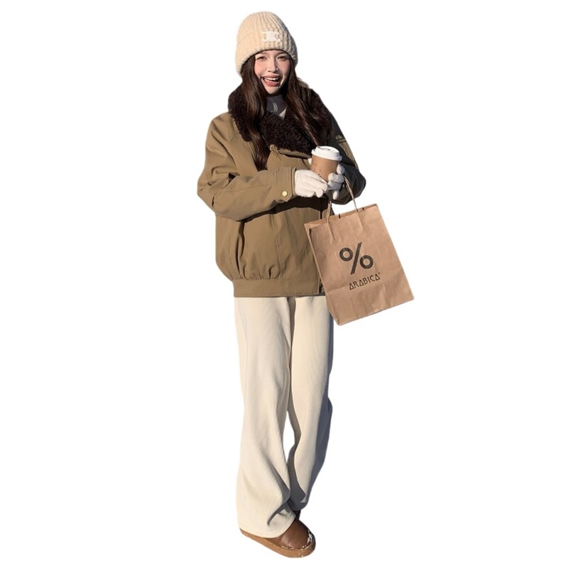 卡其色复古工装羊羔毛拼接羽绒服女冬季2025新款白鸭绒保暖派克服,女装羽绒服,2C159