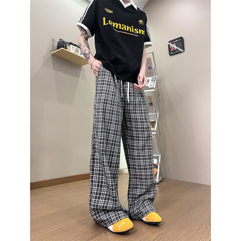XK468-P35灰色格子裤男夏季薄款慵懒松弛感美式休闲阔腿直筒裤,男装休闲裤,电商A178